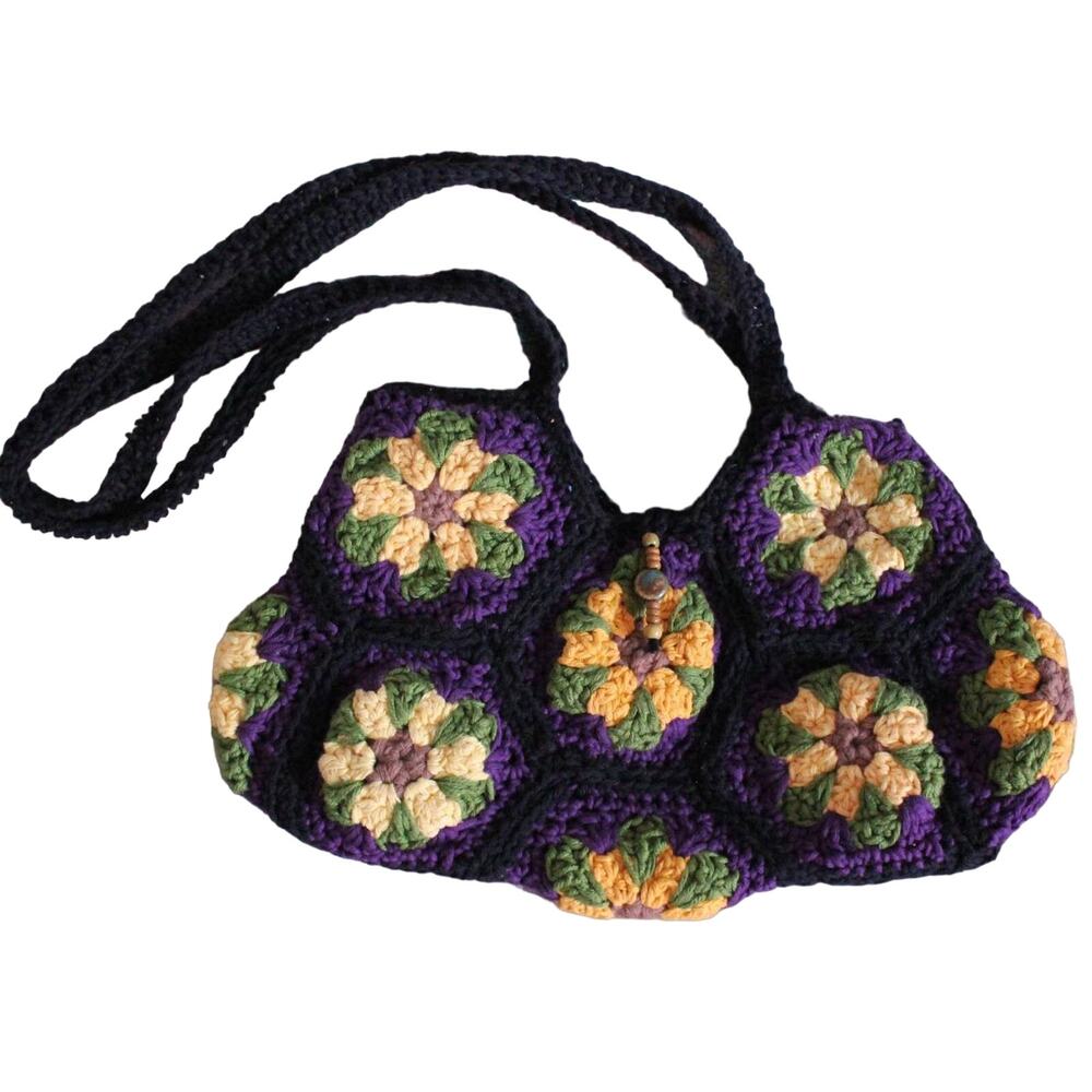 Crochet Flower Purse-  Black & Purple Granny Squares- Handmade OOAK